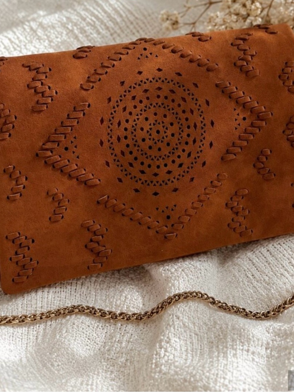 Free People Cognac Suede Laser-Cut Clutch with Gold Chain